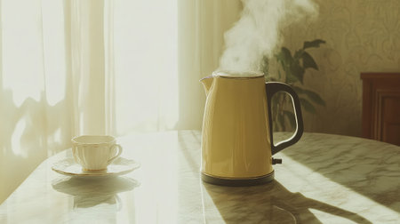 A serene morning scene featuring a steaming kettle and a delicate cup on a marble table, illuminated by soft, warm light, evoking comfort and tranquility.の素材