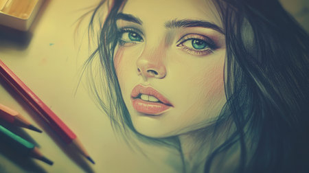 A captivating illustration of a young woman with striking green eyes and delicate features, showcasing artistic talent and creativity in a soft and colorful style.の素材