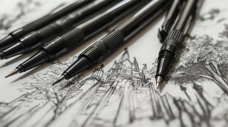 Close-up view of various pens on an artistic drawing featuring detailed architecture. Ideal for illustrating creativity and artistic tools in use.の素材