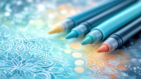 Close-up view of colorful markers arranged on a decorative background, perfect for showcasing creativity and artistic tools in design projects.の素材