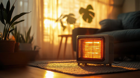 A cozy home scene features a radiant heater glowing warmly in the sunlight, casting a peaceful atmosphere, perfect for relaxation and comfort.の素材