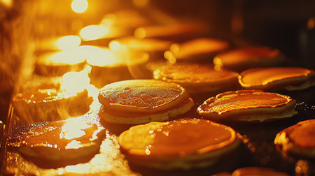 A warm and inviting scene of golden pancakes cooking on a griddle, with steam rising in the morning light. Perfect for breakfast lovers and food enthusiasts.の素材