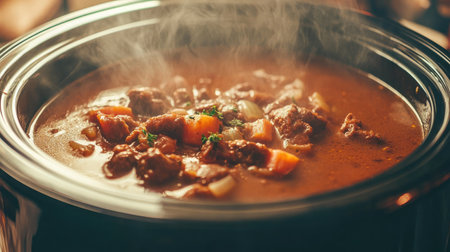 A steaming bowl of delicious slow-cooked stew showcasing tender meat and fresh vegetables, perfect for a comforting meal at home or gatherings.の素材