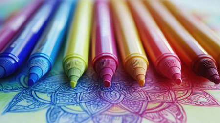 Colorful markers create a vibrant display on an artistic background, perfect for inspiring creativity and adding a touch of color to any project.の素材