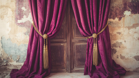 Luxurious velvet curtains gently drape in a vintage room, creating an elegant atmosphere. The rich purple color and ornate tiebacks enhance the classic decor.の素材