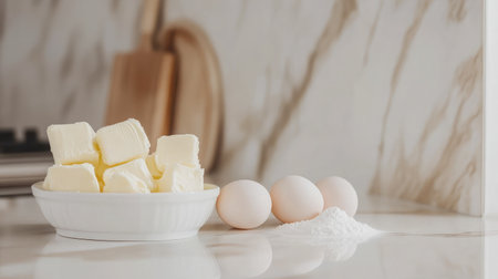 Fresh ingredients including butter, eggs, and flour arranged on a marble countertop, perfect for culinary creations and baking adventures in a cozy kitchen.の素材
