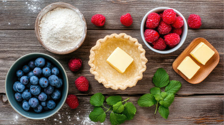 Fresh berries, butter, flour, and a pastry shell arranged artistically on a rustic wooden table, perfect for delicious dessert preparations.の素材