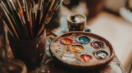 An artistic workspace featuring a painter's palette with vibrant colors and brushes. Perfect for depicting creativity and artistic expression.の素材