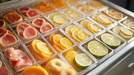 A vibrant assortment of freshly sliced citrus fruits, including lemons, limes, and oranges, arranged neatly for an appealing display in a market setting.の素材