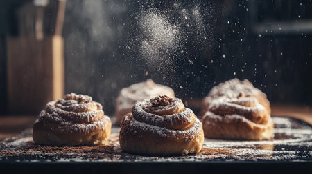A close-up of freshly baked cinnamon rolls, dusted with powdered sugar, captures the warmth and indulgence of homemade treats in a cozy kitchen setting.の素材