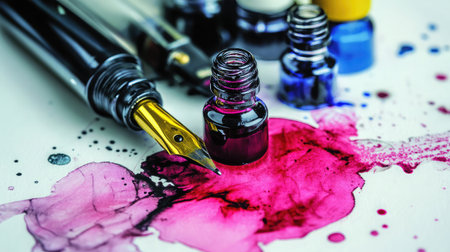 This close-up image showcases colorful ink bottles and fountain pens on a textured surface, emphasizing creativity and artistic tools in vibrant colors.の素材