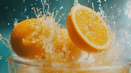 Vibrant oranges splash into water, capturing freshness and energy. Perfect for food photography, cooking blogs, or healthy lifestyle themes.の素材