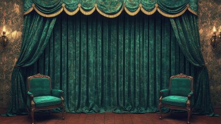 This elegant interior features rich green theater curtains, complementing vintage chairs, ideal for creating a luxurious and classic ambiance in any setting.の素材