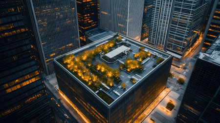 A serene rooftop garden in a modern urban setting, showcasing greenery amidst city lights at night. This space embodies tranquility and innovation in design.の素材