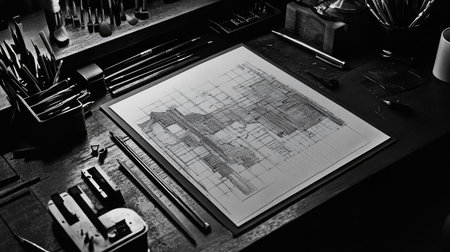 A monochrome artistic workspace featuring a detailed sketch on paper, surrounded by various drawing tools and instruments, displaying creativity and craftsmanship.の素材