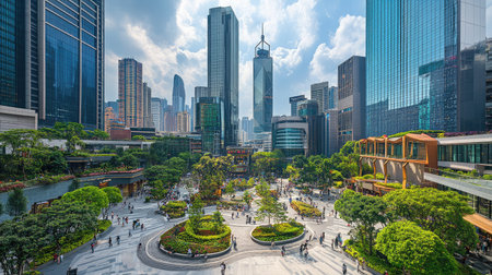 A vibrant urban landscape showcasing modern skyscrapers alongside lush green spaces. The image captures the essence of city life with people enjoying the outdoors.の素材