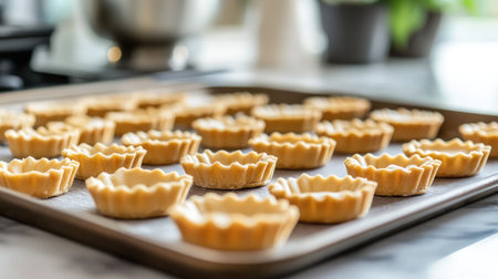 A beautifully arranged tray of mini tart shells ready for baking. These raw pastry shells offer a versatile base for various sweet desserts in any kitchen.の素材