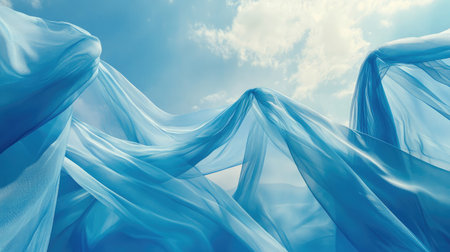 Gentle blue fabric waves rise gracefully under a cloudy sky, creating a serene and ethereal atmosphere. Ideal for backgrounds and creative projects.の素材