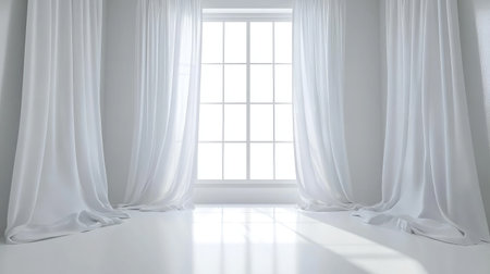 A bright, airy room featuring elegant white curtains and a large window. The natural light creates a serene atmosphere, perfect for relaxation or interior design inspiration.の素材