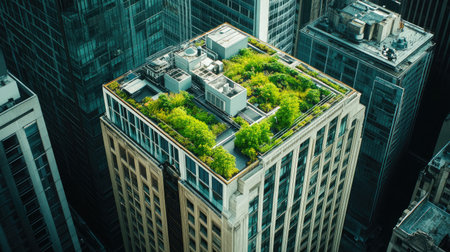 A stunning view of a lush rooftop garden atop an urban building, showcasing vibrant greenery against a city skyline, promoting eco-friendly urban living.の素材