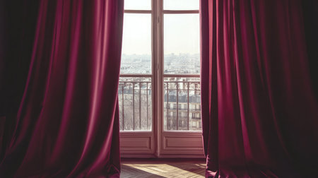A beautiful view of a cityscape framed by elegant red curtains, allowing soft sunlight to filter into a cozy interior space, creating a warm atmosphere.の素材