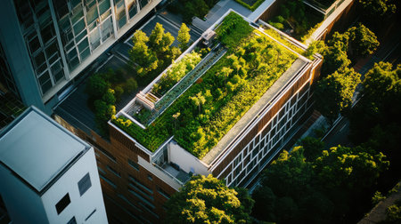 Aerial view of a vibrant green roof filled with trees and plants, showcasing urban sustainability in a modern cityscape. The sunlight highlights the lush greenery.の素材