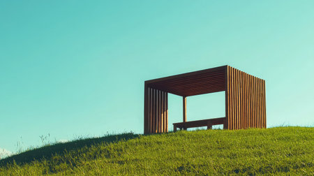 A contemporary gazebo sits on a lush green hill under a clear blue sky, offering a peaceful retreat in nature. Perfect for outdoor relaxation or recreation.の素材