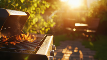 A captivating summer barbecue scene at sunset showcasing grilling flames, creating a warm atmosphere perfect for outdoor gatherings and culinary delights.の素材