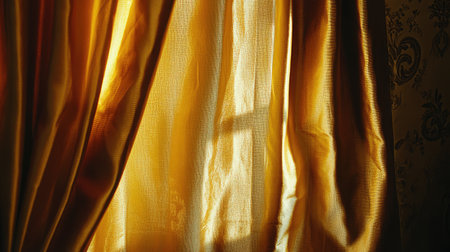 A pair of golden curtains gently sways in the breeze, letting soft natural light filter through, creating a warm and inviting indoor atmosphere.の素材