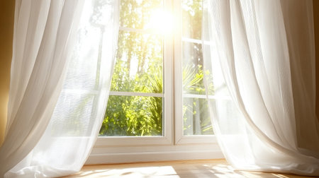 A serene indoor scene showcasing sunlight streaming through sheer curtains, enhancing the peaceful atmosphere and highlighting natural greenery outside.の素材