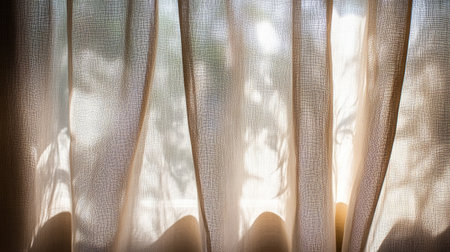 A warm glow filters through sheer curtains, creating a serene atmosphere with soft shadows and gentle textures, perfect for a cozy interior setting.の素材
