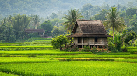 A serene rural landscape featuring a traditional house surrounded by lush green rice fields and tropical trees under a peaceful sky, perfect for nature lovers.の素材