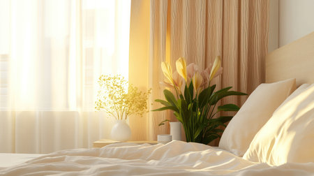 A serene bedroom scene featuring soft linens and fresh flowers, illuminated by warm natural light. Perfect for conveying comfort and tranquility in home decorating.の素材