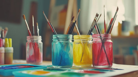 A vibrant collection of paint jars and brushes on an artist's workspace, showcasing creativity and artistic tools. Perfect for art and craft themes.の素材