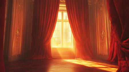 A serene room illuminated by warm sunlight streaming through elegant curtains, creating an inviting ambiance. Ideal for interior design themes.の素材