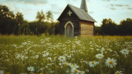 A tranquil scene featuring a small wooden church surrounded by blooming flowers in a sunny meadow, highlighting the beauty of nature and serenity.の素材