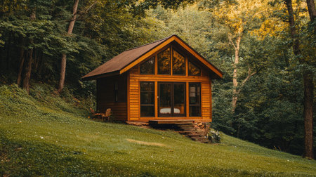 A charming wooden cabin surrounded by lush greenery, offering a peaceful retreat in nature. This cozy home provides a serene escape for relaxation and tranquility.の素材