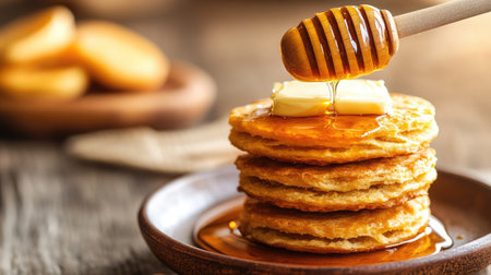 Indulge in a stack of delicious pancakes drizzled with honey and topped with creamy butter. Perfect for a cozy breakfast or brunch experience.の素材
