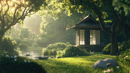 A tranquil garden scene featuring a traditional pavilion surrounded by lush greenery and soft light filtering through the trees. Ideal for relaxation.の素材