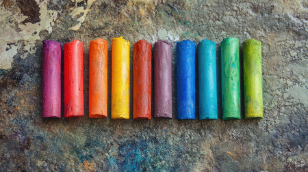 A stunning arrangement of colorful chalk sticks on a textured surface, perfect for art projects, education, and creative expression. Ideal for showcasing vibrant creativity.の素材