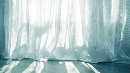 Gentle sunlight filters through sheer curtains, creating soft shadows and a serene atmosphere. A perfect representation of tranquility and elegance in home decor.の素材