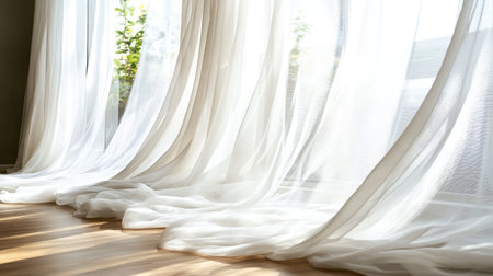A serene scene showcasing soft, elegant curtains gently flowing in a bright room, creating a warm and inviting atmosphere with natural light filtering through.の素材