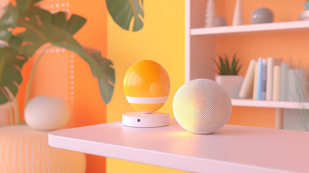 This vibrant image showcases modern audio speakers in a stylish interior, highlighting contemporary design and a warm atmosphere for any living space.の素材