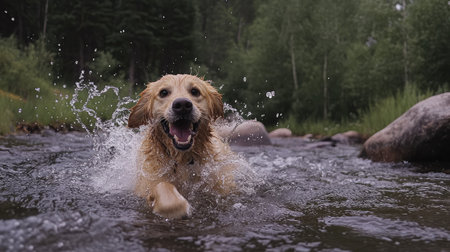 A joyful golden retriever splashes through a mountain stream, embodying happiness and energy in a beautiful outdoor setting surrounded by nature.の素材
