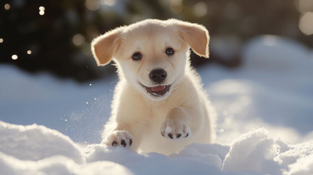 A joyful puppy runs through a snowy landscape, embodying playfulness and innocence. The sunlight sparkles off the snow, creating a cheerful winter scene.の素材