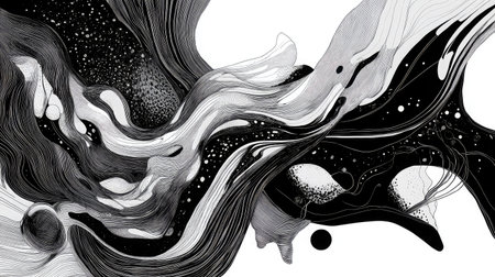 This abstract art piece features elegant black and white waves, showcasing intricate lines and shapes that create a dynamic and modern design. Perfect for artistic projects.の素材