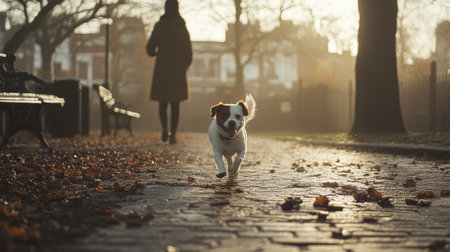 A lively dog runs joyfully along a park path as a woman strolls in the background during a serene autumn morning, capturing a moment of companionship and tranquility.の素材