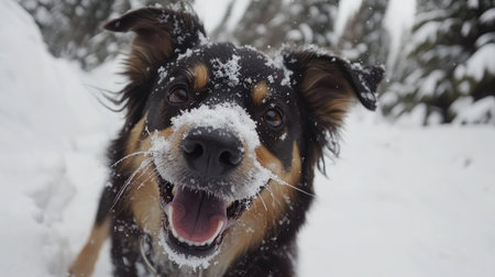 A joyful dog plays in a snowy landscape, capturing the essence of winter fun. The playful canine embodies happiness with snow covering its face and fur.の素材
