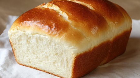 A beautifully crafted loaf of soft white bread, perfect for any meal. This fresh-baked bread showcases a golden crust and fluffy interior, ideal for sandwiches.の素材