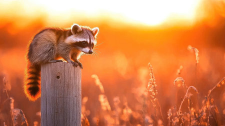 A charming raccoon perched on a wooden post during sunset, capturing the serene beauty of wildlife in a glowing orange landscape. Perfect for nature enthusiasts.の素材